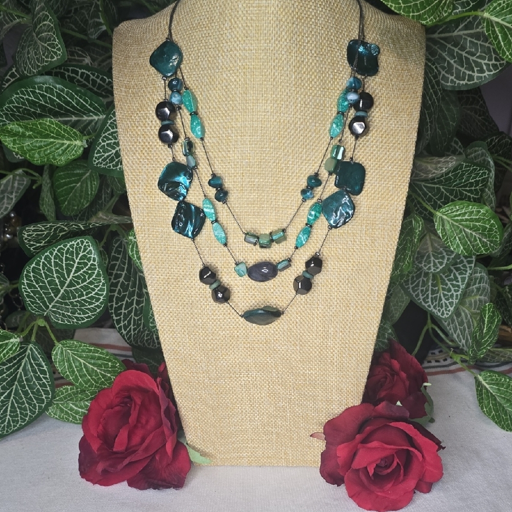 Multi-Strand Teal and Black Necklace: MOP, Abalone, Acrylic & Hematite - Picture 1 of 9